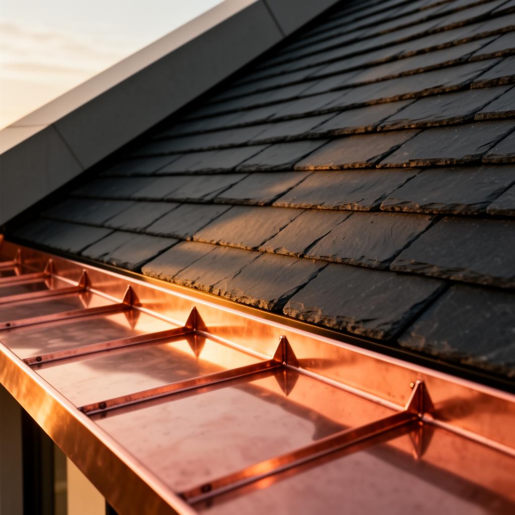 Premium architectural slate roofing with copper detailing