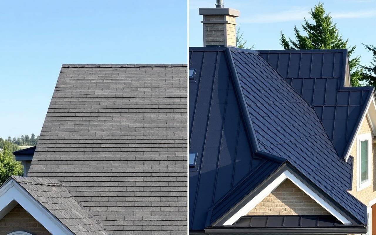 Asphalt shingles and standing-seam metal roofs side by side