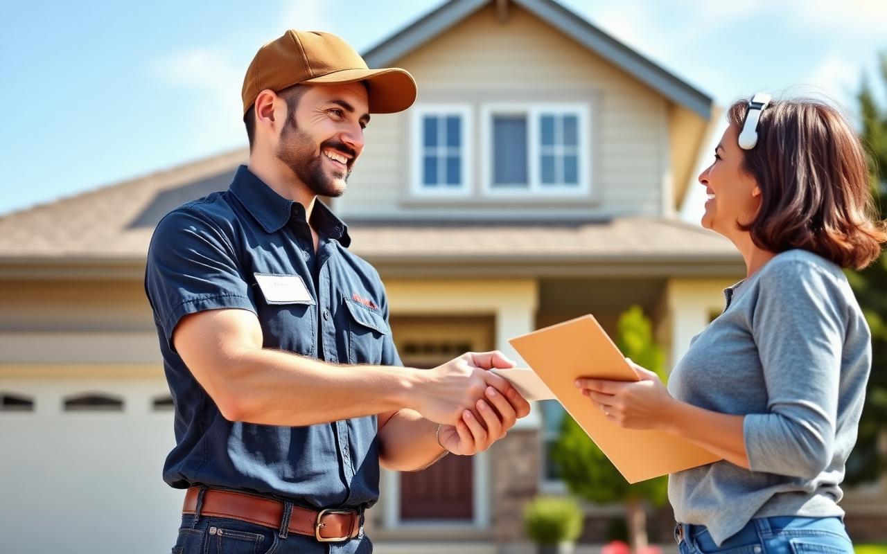 Roofing contractor shaking hands with a homeowner