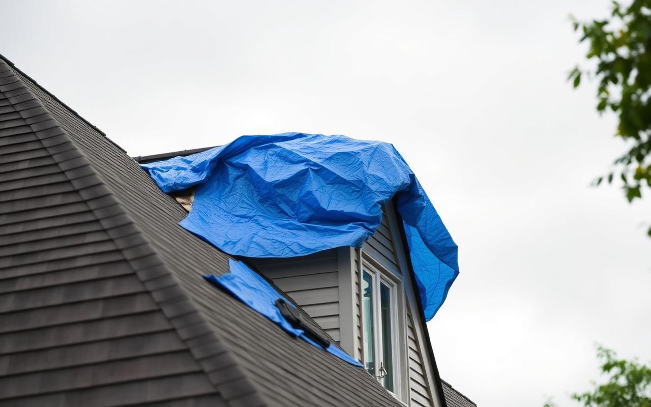 Blue emergency tarp on a damaged residential roof