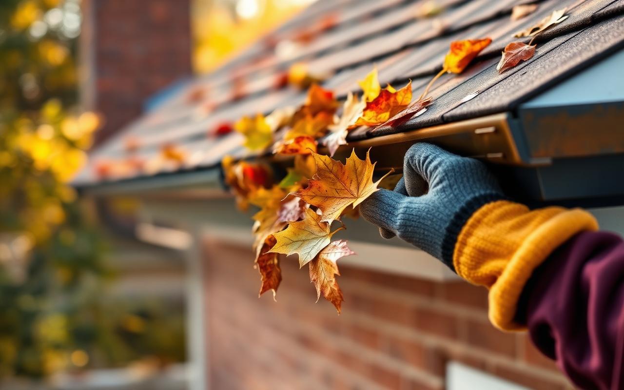 Gloved hands clearing autumn leaves from an eavestrough